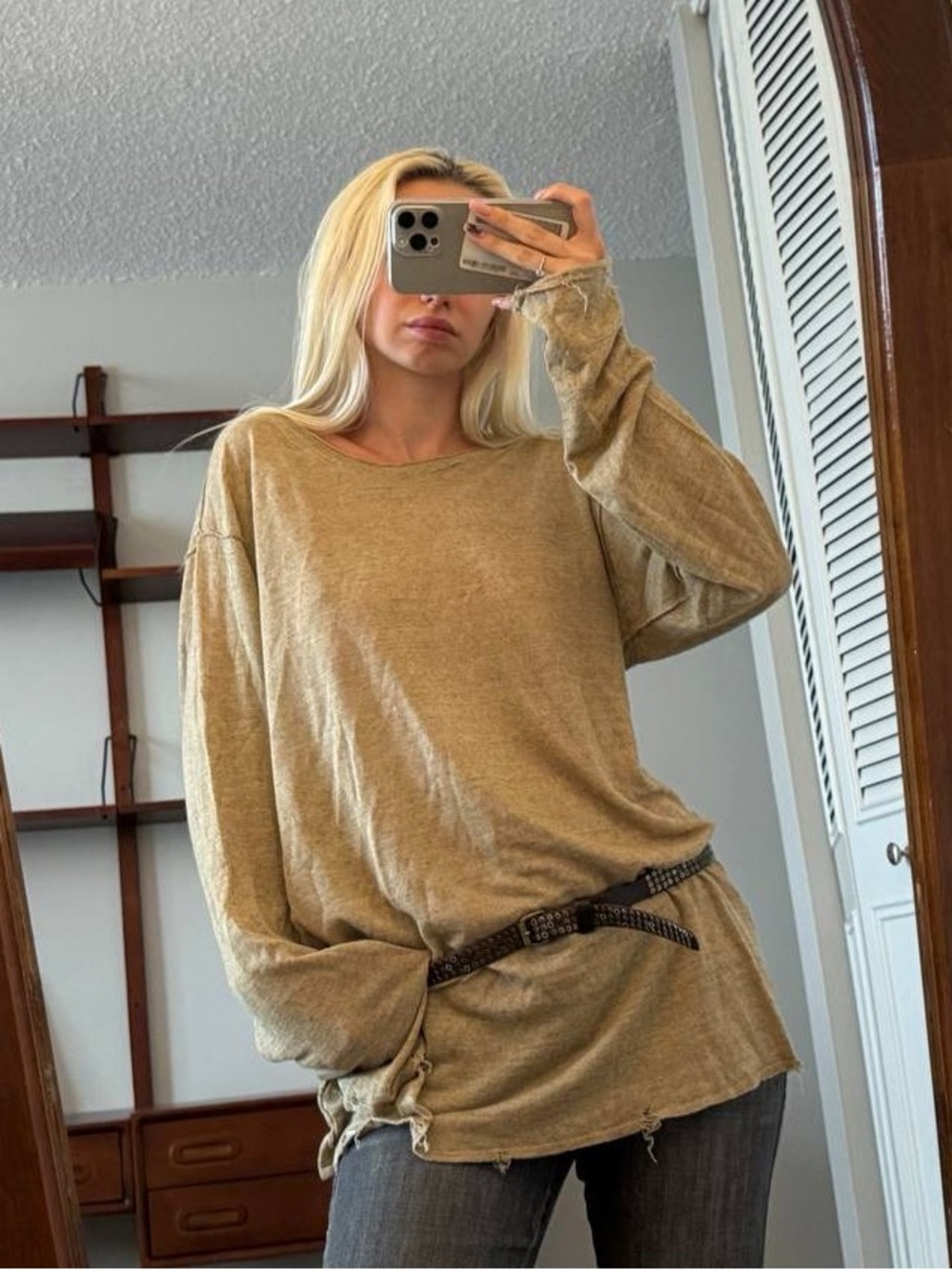 Diesel Women's Long-Sleeve Washed Tan Top with Leather belt